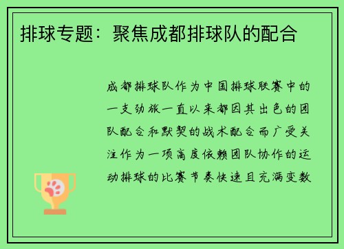 排球专题：聚焦成都排球队的配合