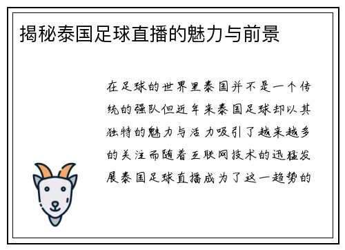 揭秘泰国足球直播的魅力与前景