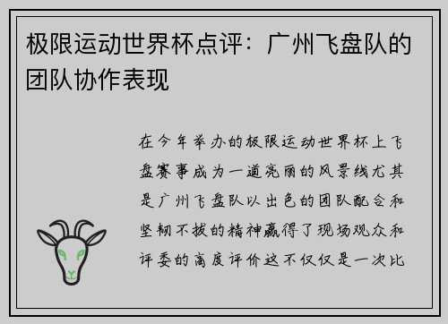 极限运动世界杯点评：广州飞盘队的团队协作表现